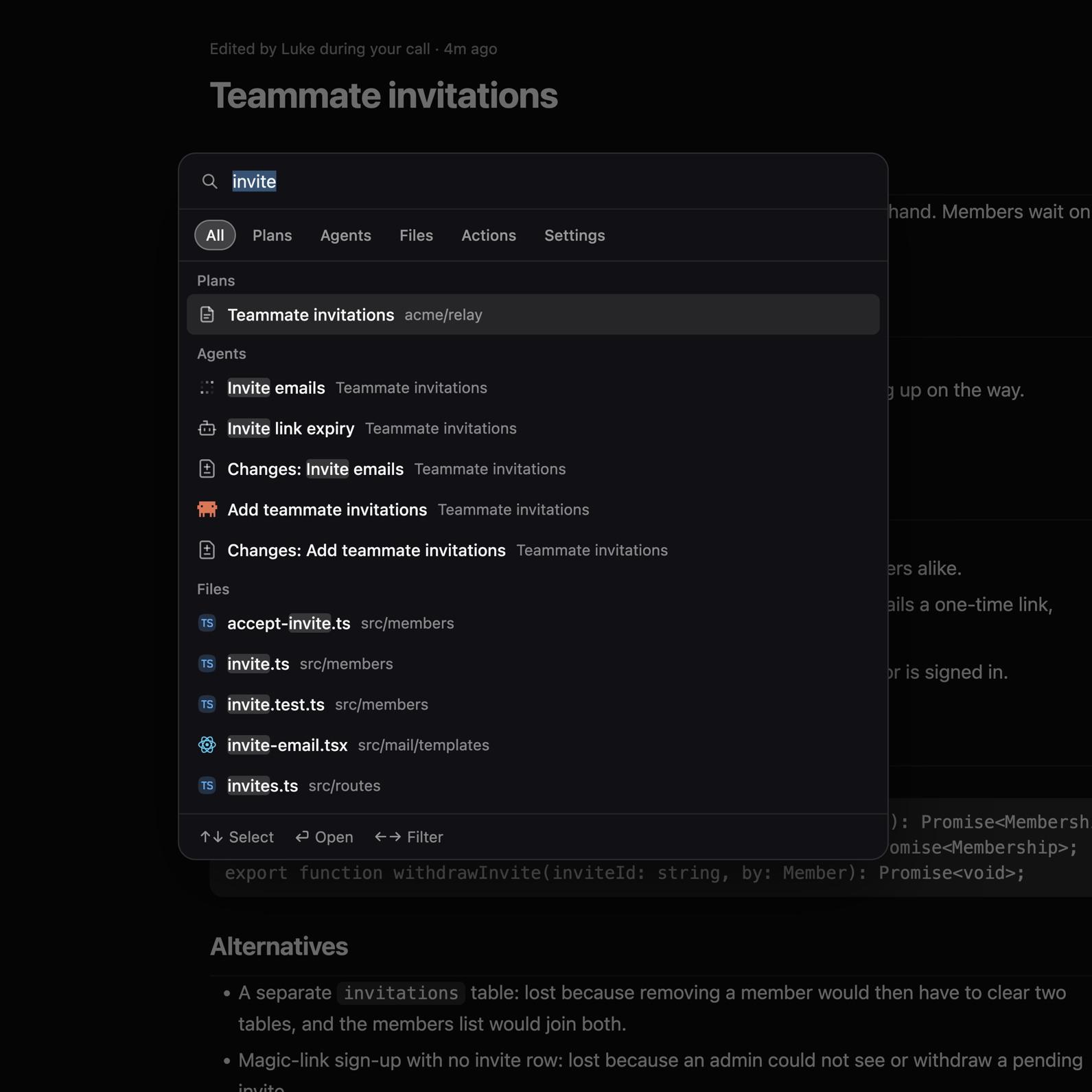 The ⌘K command palette open over a plan, searching "invite" across plans, coding agents, and files.